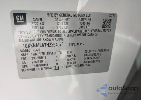 2017 GMC Acadia Slt-1 from USA, damaged, VIN 1GKKNMLA7HZ254578